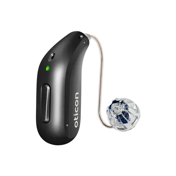 A black Oticon behind-the-ear hearing aid with a clear, spherical speaker dome attached by a thin, transparent wire.