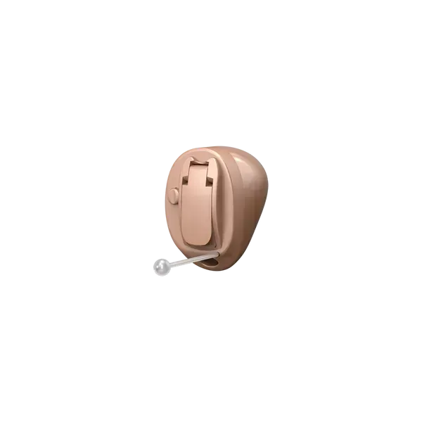 A beige, in-the-canal hearing aid with a small, clear plastic removal cord, set against a white background.
