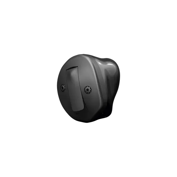 A black, custom-molded in-the-ear hearing aid.