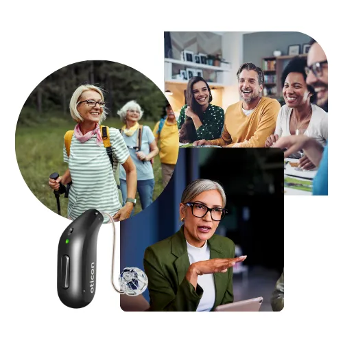 A hearing aid is shown alongside scenes of people socializing, hiking, and in a professional meeting.